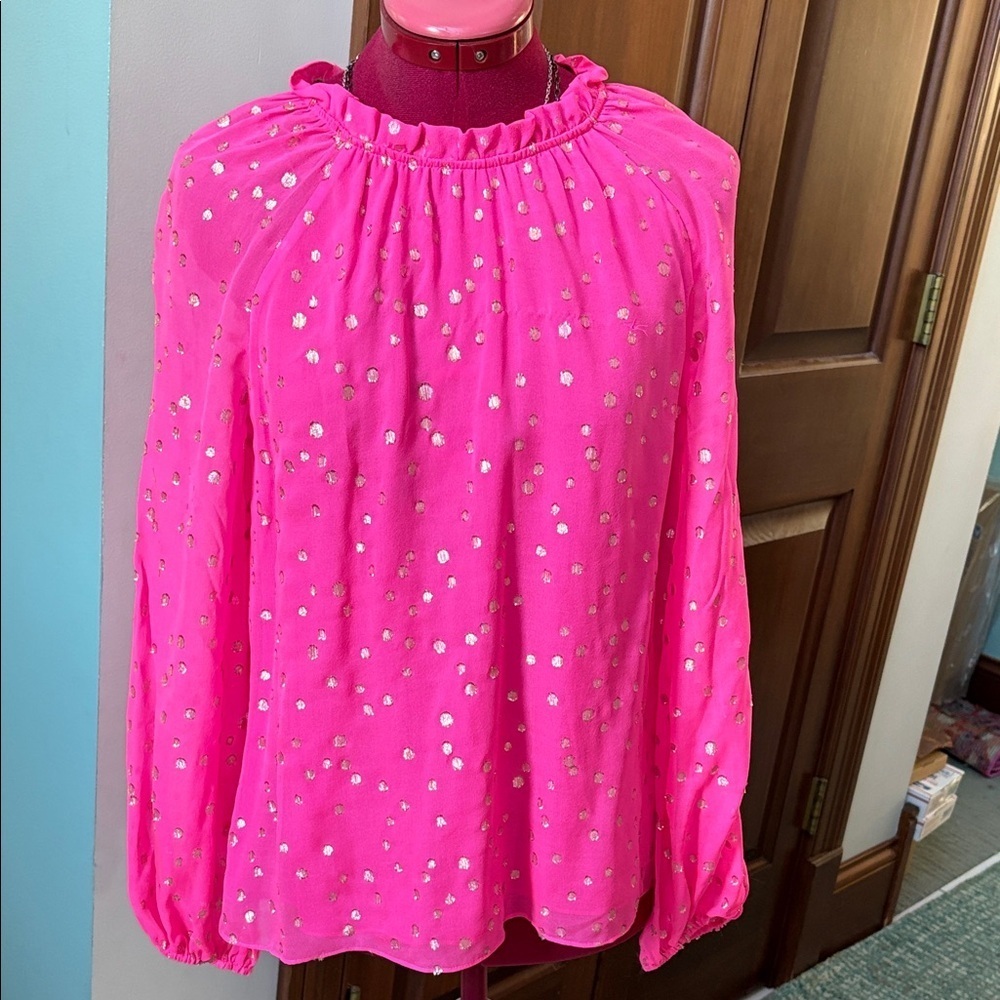 Lilly Pulitzer silk top  ruffle neck long sleeve Pink Topaz gold metallic polka.